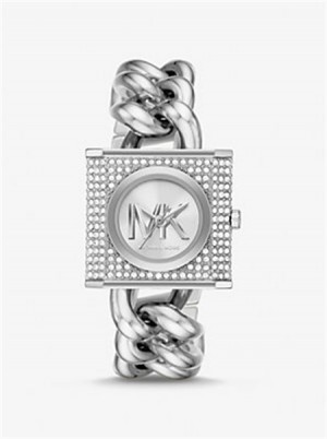 Michael Kors Mini Lock Pavé Silver-Tone Chain Watch Srebrne | SN-MK28368
