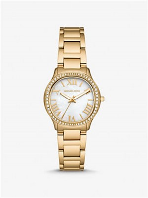 Michael Kors Mini Sage Pavé Gold-Tone Watch Złote | SN-MK28406