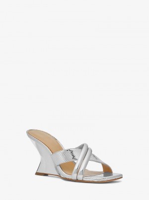 Michael Kors Nadina Metallic Snake Embossed Leather Srebrne | SN-MK27597