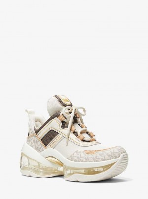 Michael Kors Olympia Extreme Two-Tone Logo and Canvas Kremowe | SN-MK27436