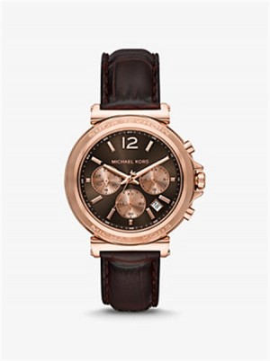 Michael Kors Oversized Maren Rose Gold-Tone and Crocodile Embossed Leather Watch Czekolada | SN-MK28301