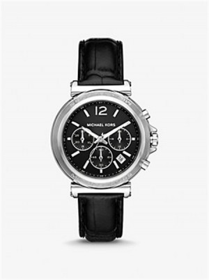 Michael Kors Oversized Maren Silver-Tone and Crocodile Embossed Leather Watch Czarne | SN-MK28300