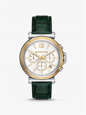 Michael Kors Oversized Maren Silver-Tone and Crocodile Embossed Leather Watch Zielone | SN-MK28302