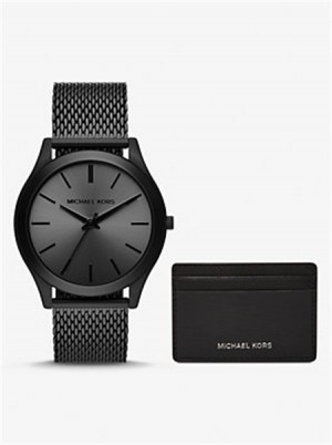 Michael Kors Oversized Slim Runway Black-Tone Watch and Card Case Gift Set Czarne | SN-MK28396