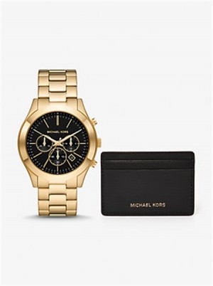Michael Kors Oversized Slim Runway Watch and Card Case Gift Set Złote | SN-MK28367