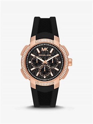Michael Kors Oversized Sydney Pavé Rose Gold-Tone and Silicone Watch Czarne | SN-MK28363