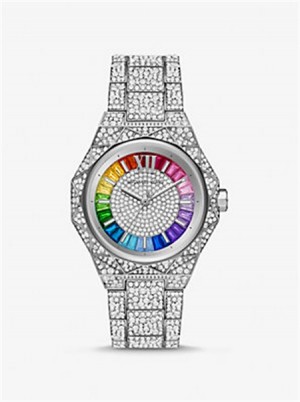 Michael Kors PRIDE Limited-Edition Oversized Raquel Rainbow Pavé Silver-Tone Watch Srebrne | SN-MK28435
