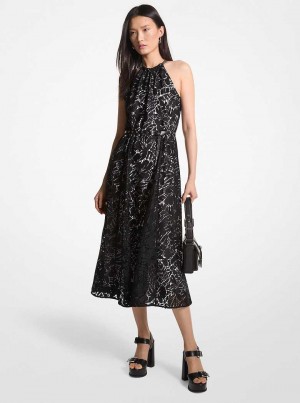 Michael Kors Palm Lace Belted Halter Czarne | SN-MK26677