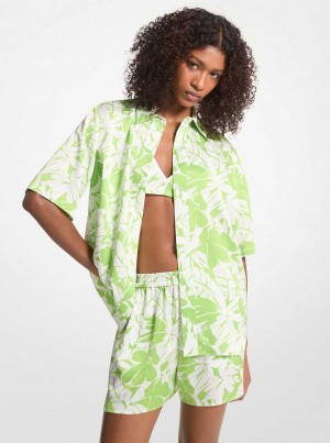 Michael Kors Palm Print Satin Cabana Shirt Zielone | SN-MK26507