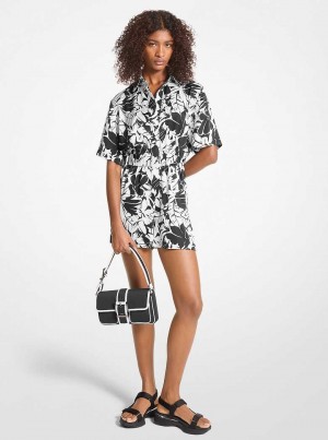 Michael Kors Palm Print Satin Czarne Białe | SN-MK26736