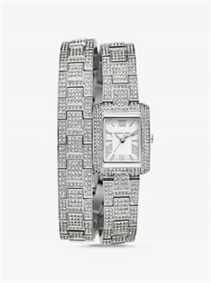 Michael Kors Petite Emery Pavé Silver-Tone Double Wrap Watch Srebrne | SN-MK28314