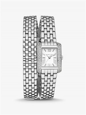 Michael Kors Petite Emery Pavé Silver-Tone Double Wrap Watch Srebrne | SN-MK28315