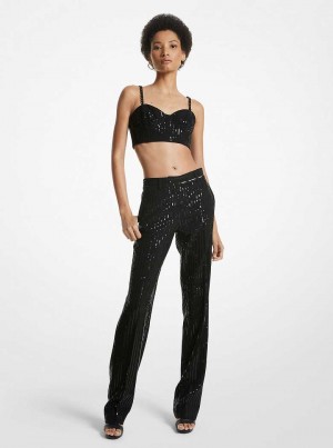 Michael Kors Pinstripe Sequined Crepe Straight-Leg Czarne | SN-MK26556