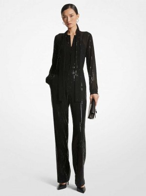 Michael Kors Pinstripe Sequined Georgette Czarne | SN-MK26752