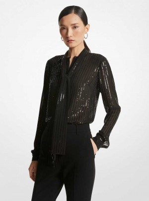 Michael Kors Pinstripe Sequined Georgette Tie-Neck Blouse Czarne | SN-MK26529