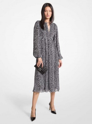 Michael Kors Pleated Leopard Print Georgette Midi Czarne Białe | SN-MK26665