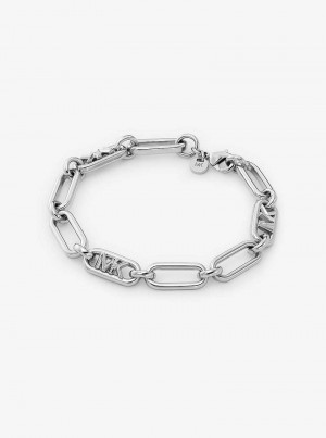 Michael Kors Precious Metal-Plated Brass Empire Logo Chain Link Srebrne | SN-MK27733