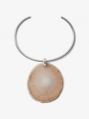 Michael Kors Precious Metal-Plated Brass and Agate Collar Necklace Srebrne Szare Brązowe | SN-MK27742