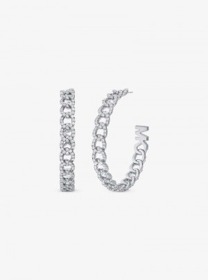Michael Kors Precious Metal-Plated Brass Pavé Curb Link Hoop Srebrne | SN-MK27761