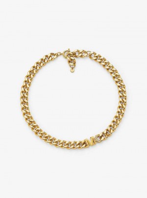 Michael Kors Precious Metal-Plated Brass Pavé Logo Curb Link Złote | SN-MK27809