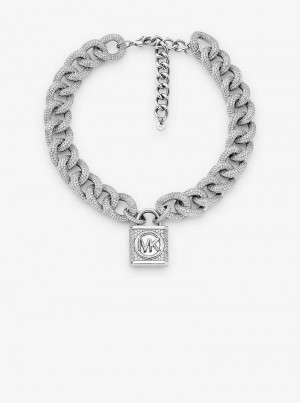 Michael Kors Precious Metal-Plated Brass Pavé Lock Curb Link Srebrne | SN-MK27810