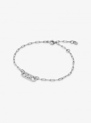 Michael Kors Precious Metal-Plated Sterling Silver Pavé Empire Logo Chain Link Srebrne | SN-MK27719