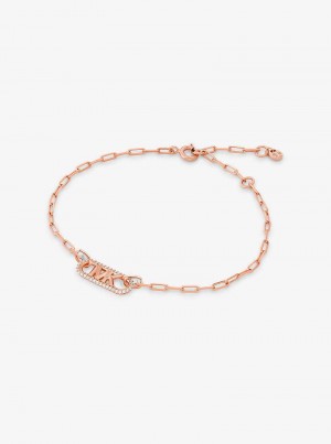Michael Kors Precious Metal-Plated Sterling Silver Pavé Empire Logo Chain Link Różowe Złote | SN-MK27737