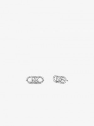Michael Kors Precious Metal-Plated Sterling Silver Pavé Empire Logo Srebrne | SN-MK27771