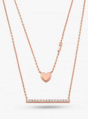 Michael Kors Precious Metal-Plated Sterling Silver Double Heart and Pavé Bar Różowe Złote | SN-MK27790