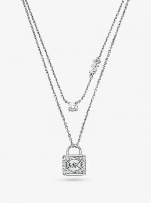 Michael Kors Precious Metal-Plated Sterling Silver Pavé Lock Layered Srebrne | SN-MK27804