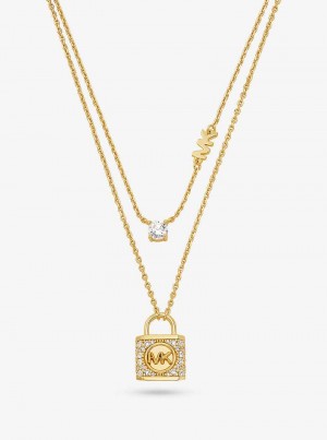 Michael Kors Precious Metal-Plated Sterling Silver Pavé Lock Layered Złote | SN-MK27815
