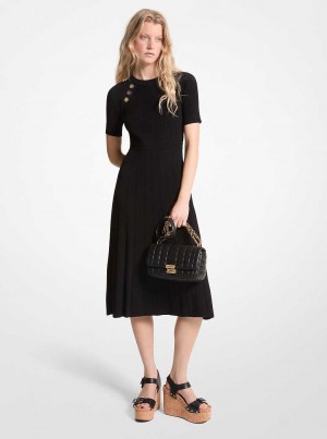 Michael Kors Ribbed Stretch Knit Button Midi Czarne | SN-MK26662