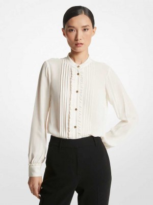 Michael Kors Ruffled Georgette Pleated Blouse Beżowe | SN-MK26501
