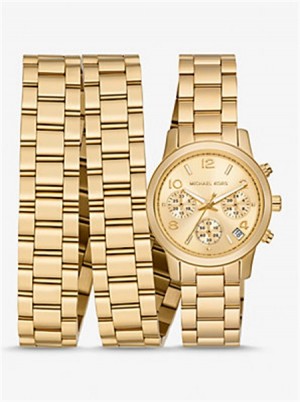 Michael Kors Runway 18K Gold-Plated Stainless Steel Triple Wrap Watch Złote | SN-MK28362