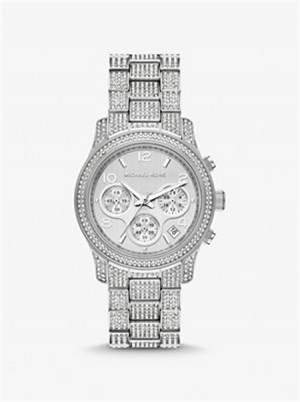 Michael Kors Runway Pavé Silver-Tone Watch Srebrne | SN-MK28324