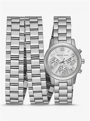 Michael Kors Runway Rhodium-Plated Stainless Steel Triple Wrap Watch Srebrne | SN-MK28427