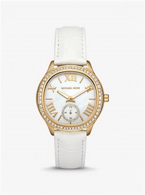 Michael Kors Sage Pavé Gold-Tone and Crocodile Embossed Leather Watch Białe | SN-MK28374