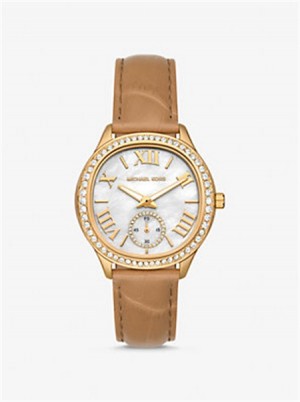 Michael Kors Sage Pavé Gold-Tone and Crocodile Embossed Leather Watch Peanut | SN-MK28411