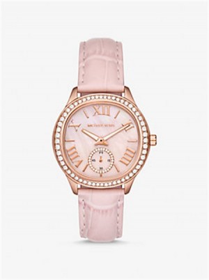 Michael Kors Sage Pavé Rose Gold-Tone and Crocodile Embossed Leather Watch Różowe | SN-MK28370