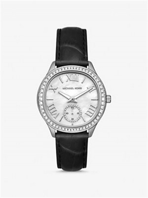 Michael Kors Sage Pavé Silver-Tone and Crocodile Embossed Leather Watch Czarne | SN-MK28371