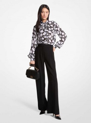 Michael Kors Shadow Floral Georgette Tie-Neck Blouse Czarne Białe | SN-MK26512