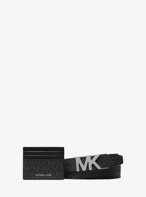 Michael Kors Signature Logo Card Case and Belt Gift Set Czarne | SN-MK28298