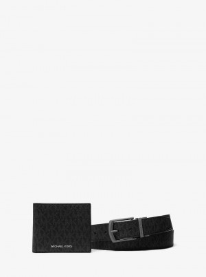 Michael Kors Signature Logo Wallet and Belt Gift Set Czarne | SN-MK28299