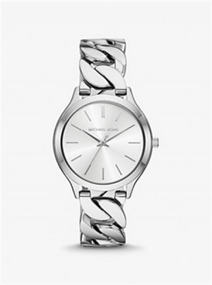 Michael Kors Slim Runway Silver-Tone Curb-Link Watch Srebrne | SN-MK28410