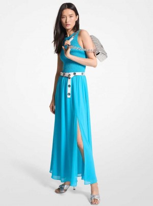 Michael Kors Smocked Georgette Maxi Niebieskie | SN-MK26652
