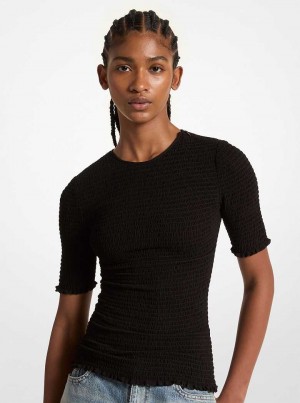 Michael Kors Smocked Georgette Shirt Czarne | SN-MK26513