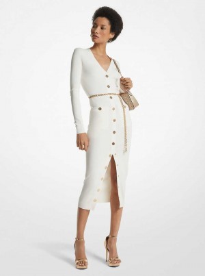 Michael Kors Stretch Viscose Belted Midi Beżowe | SN-MK26697