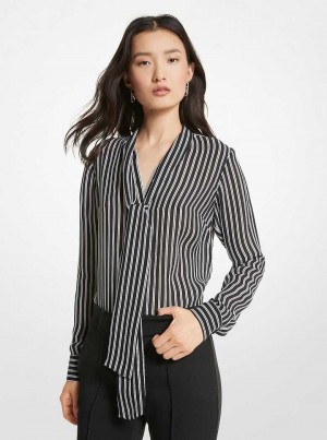Michael Kors Striped Georgette Tie-Neck Blouse Czarne | SN-MK26522