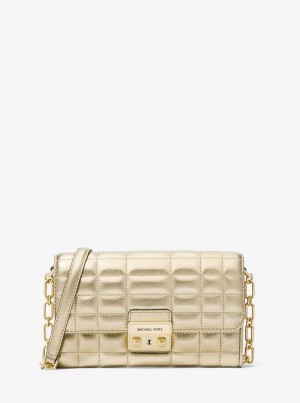 Michael Kors Tribeca Large Metallic Leather Convertible Złote | SN-MK27133