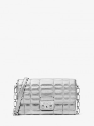 Michael Kors Tribeca Large Metallic Leather Convertible Srebrne | SN-MK27136